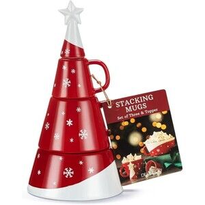 DEMDACO Let It Snow Red White Stoneware Christmas Tree Stacking Mug Set of 3 NWT